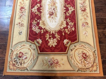 Aubusson Rug 4x6, Red, Floral, European Design, Vintage, Wool