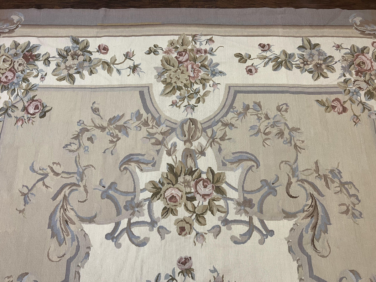 Aubusson Needlepoint Rug 9x12, VIntage Handmade Wool Beige Floral European Elegant Rug 9 x 12, Floral Roses