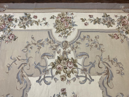 Aubusson Needlepoint Rug 9x12, VIntage Handmade Wool Beige Floral European Elegant Rug 9 x 12, Floral Roses