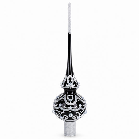 Black & White Scroll Pear Glass Christmas Tree Topper 11 Inches