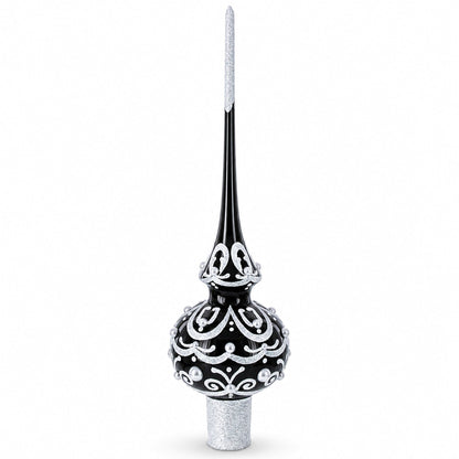 Black & White Scroll Pear Glass Christmas Tree Topper 11 Inches