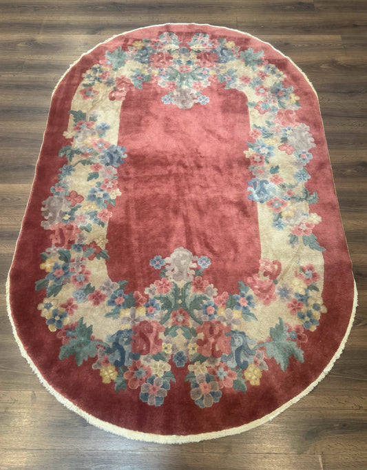 Oval Chinese Peking Rug 5x8, Pink, Floral, Vintage Chinese Wool Carpet
