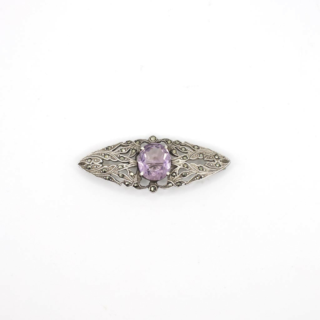 Antique Arts and Crafts Era Genuine Earth Mined Amethyst and Marcasite Brooch Pin In Sterling Silver
