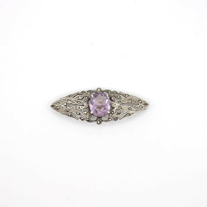 Antique Arts and Crafts Era Genuine Earth Mined Amethyst and Marcasite Brooch Pin In Sterling Silver