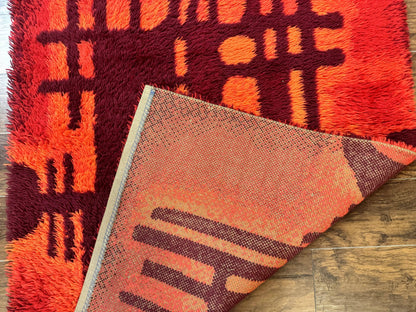 Danish Rya Shag Rug 4x6, Red Vintage Mid Century Retro Abstract Shag Rug