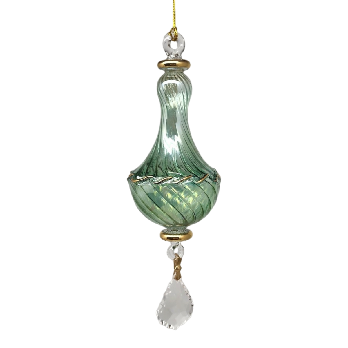 Blown Glass Twisted Chandelier Ornament with Crystal Dangle - green