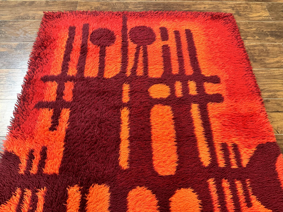 Danish Rya Shag Rug 4x6, Red Vintage Mid Century Retro Abstract Shag Rug