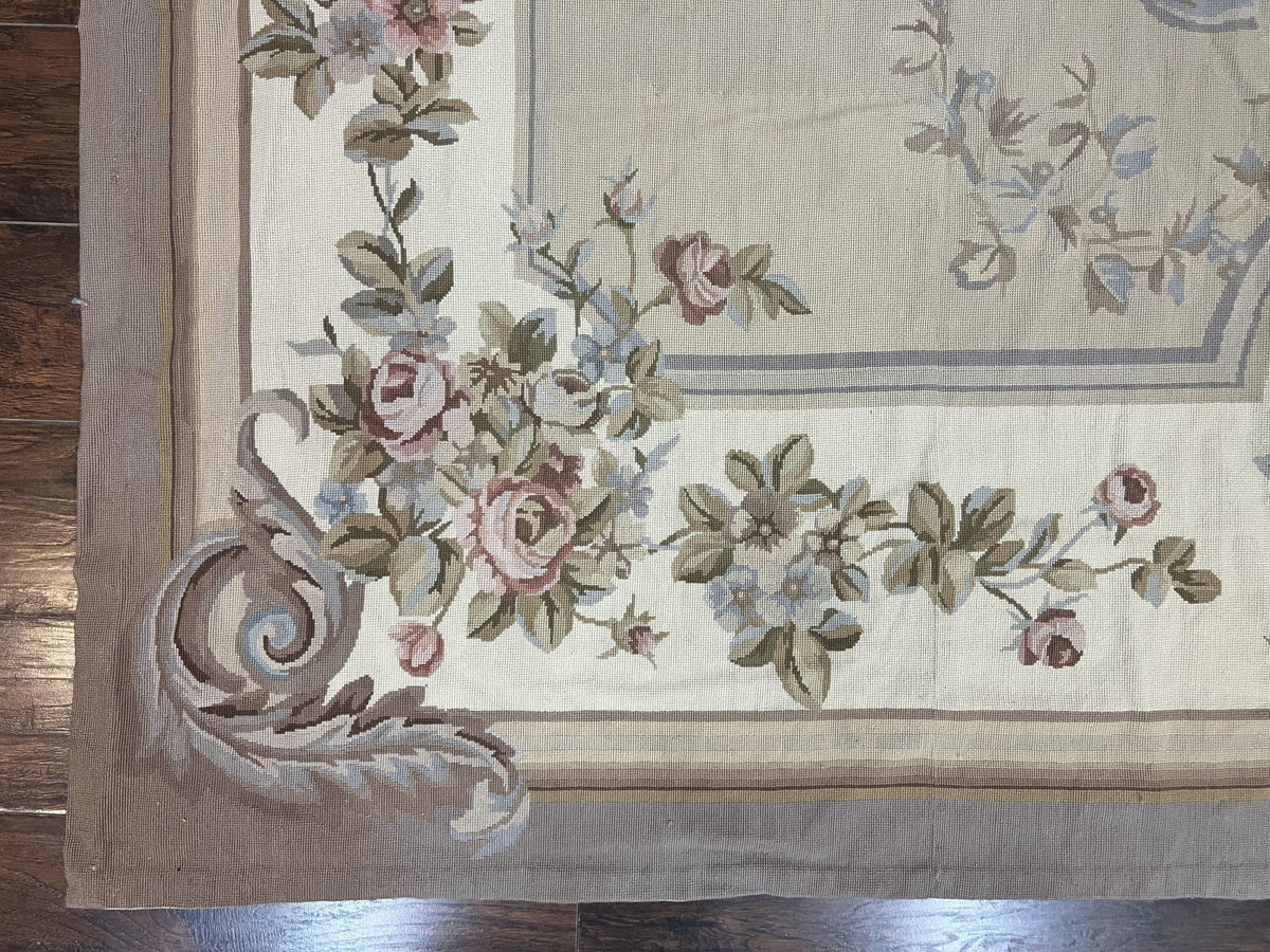 Aubusson Needlepoint Rug 9x12, VIntage Handmade Wool Beige Floral European Elegant Rug 9 x 12, Floral Roses