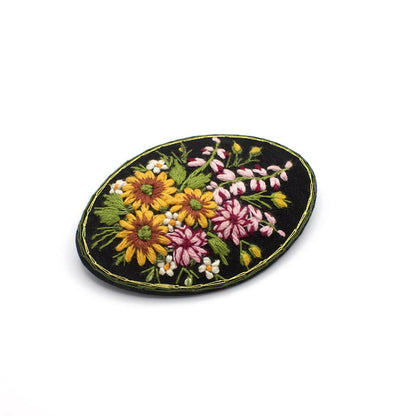 Vintage Handcrafted Embroidered Sunflower and Foxglove Pin