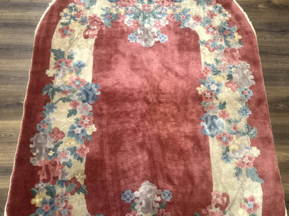 Oval Chinese Peking Rug 5x8, Pink, Floral, Vintage Chinese Wool Carpet