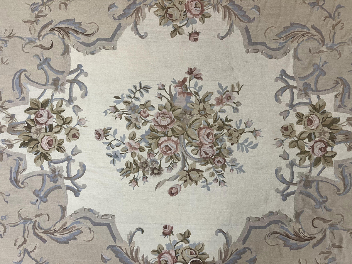 Aubusson Needlepoint Rug 9x12, VIntage Handmade Wool Beige Floral European Elegant Rug 9 x 12, Floral Roses