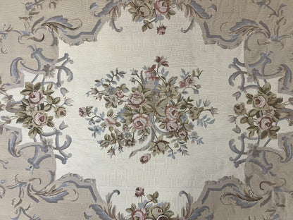 Aubusson Needlepoint Rug 9x12, VIntage Handmade Wool Beige Floral European Elegant Rug 9 x 12, Floral Roses