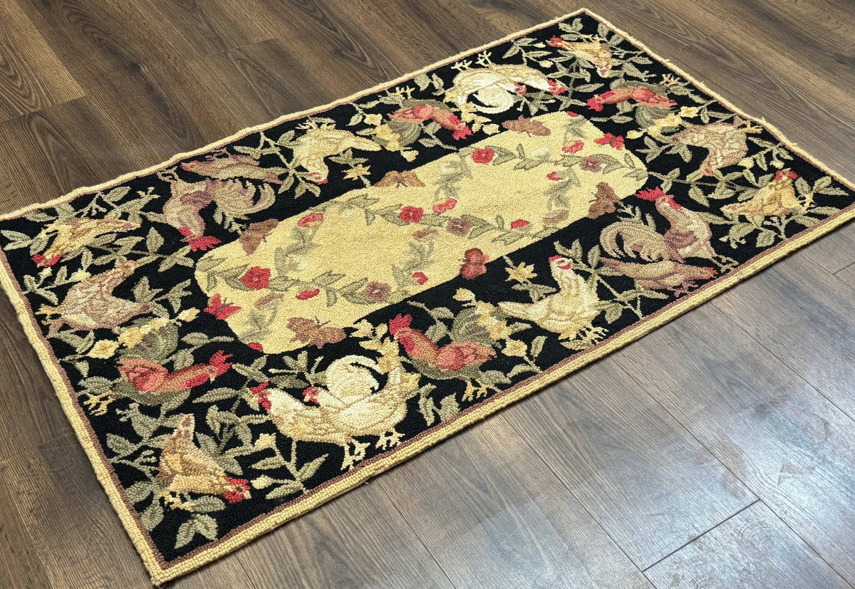 Small Vintage Hooked Rug, Roosters, Handmade, Wool