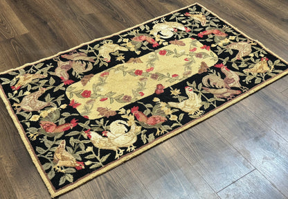 Small Vintage Hooked Rug, Roosters, Handmade, Wool