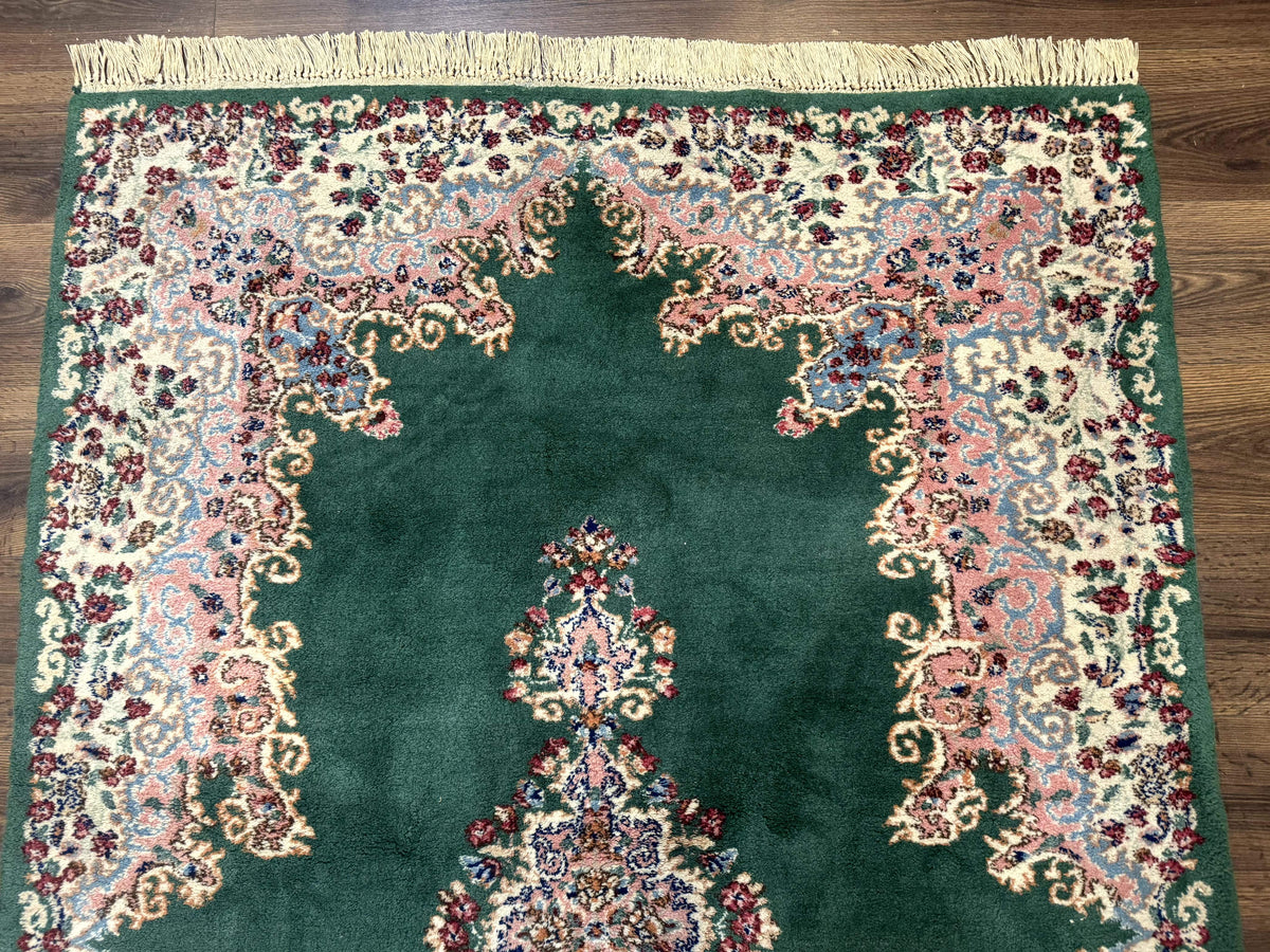 Persian Kerman Rug 4x6, Green Ivory Pink, Wool Vintage, Semi Open Field