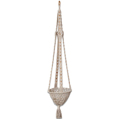 Cotton Macrame Plant Hanger with Wood Beads & Tassel
