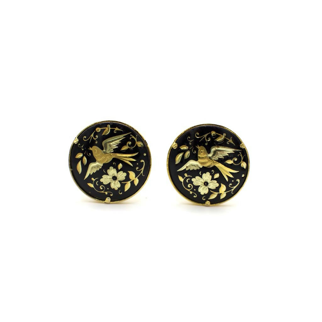Vintage Damascene Bird Clip On Earrings In 18K Yellow Gold Over Metal