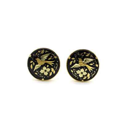 Vintage Damascene Bird Clip On Earrings In 18K Yellow Gold Over Metal