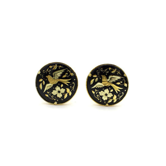 Vintage Damascene Bird Clip On Earrings In 18K Yellow Gold Over Metal