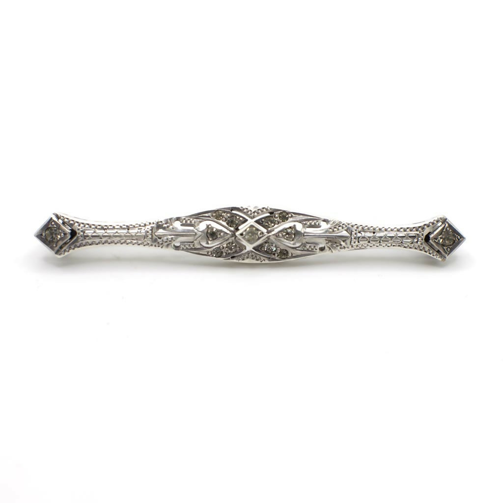 Vintage Art Deco Style Gemstone Sterling Silver Filigree Bar Pin