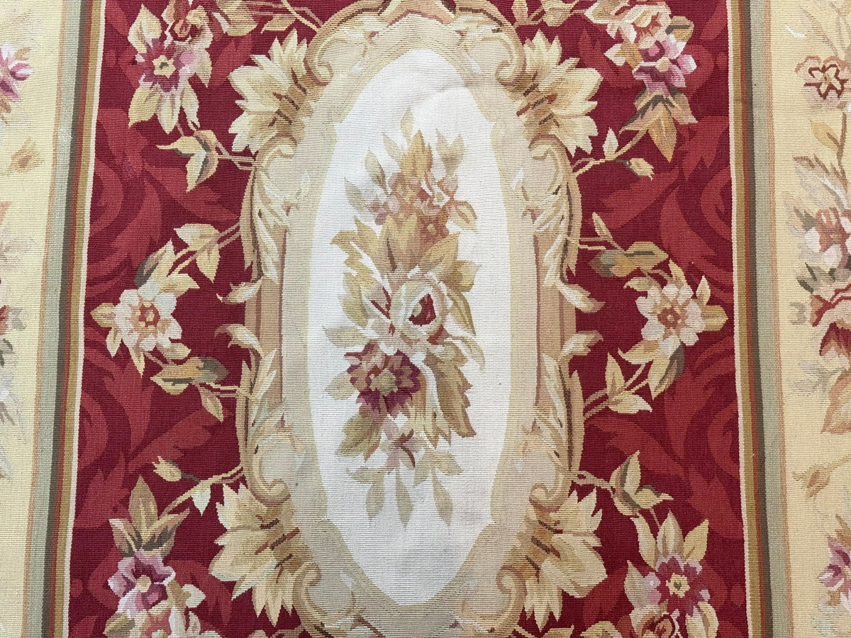Aubusson Rug 4x6, Red, Floral, European Design, Vintage, Wool