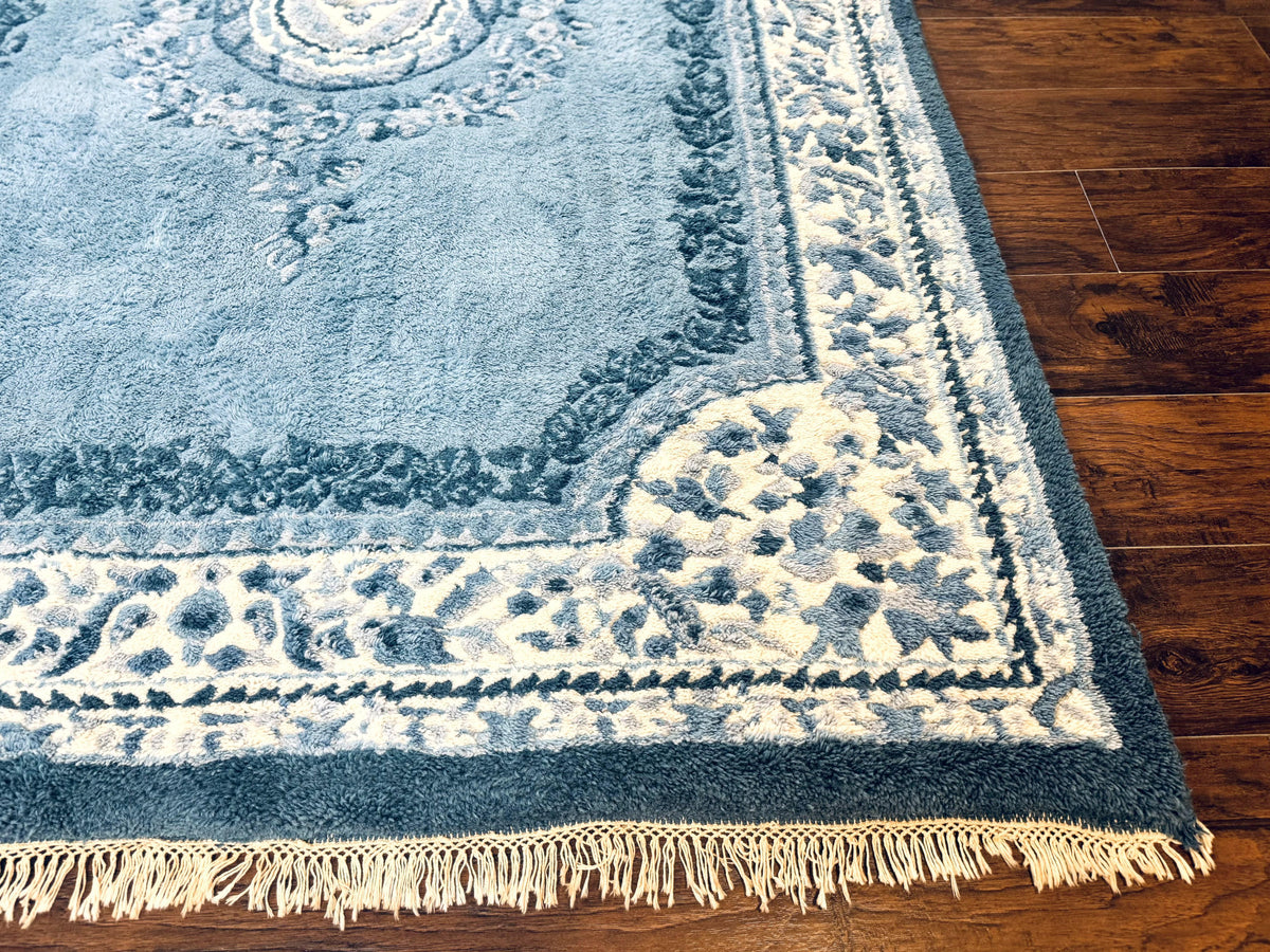 Indo Chinese Aubusson Rug 6x9, Light Blue and Ivory, Handmade Vintage Wool Carpet