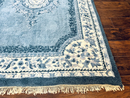 Indo Chinese Aubusson Rug 6x9, Light Blue and Ivory, Handmade Vintage Wool Carpet