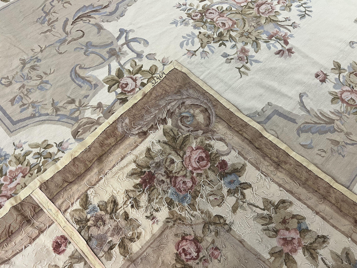 Aubusson Needlepoint Rug 9x12, VIntage Handmade Wool Beige Floral European Elegant Rug 9 x 12, Floral Roses