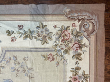 Aubusson Needlepoint Rug 9x12, VIntage Handmade Wool Beige Floral European Elegant Rug 9 x 12, Floral Roses