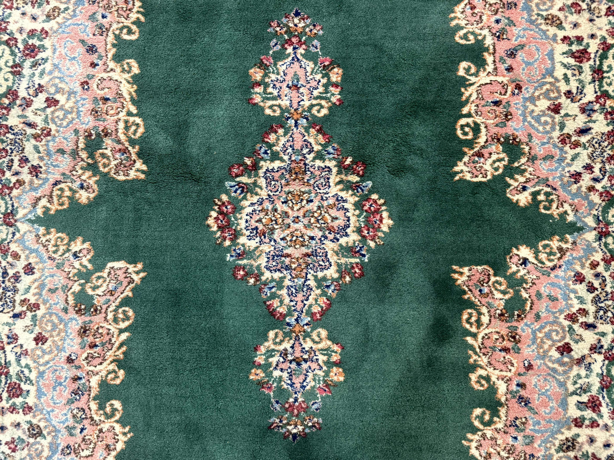 Persian Kerman Rug 4x6, Green Ivory Pink, Wool Vintage, Semi Open Field
