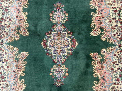 Persian Kerman Rug 4x6, Green Ivory Pink, Wool Vintage, Semi Open Field