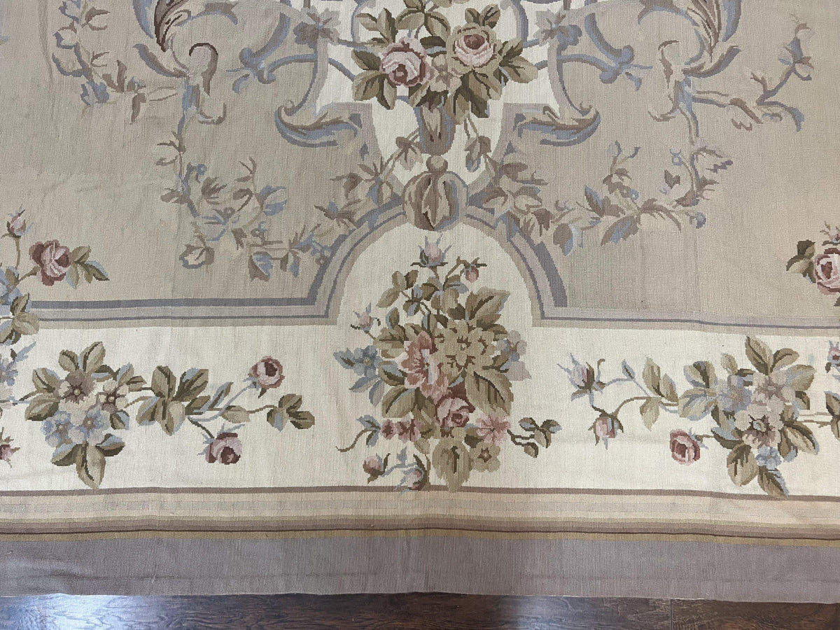 Aubusson Needlepoint Rug 9x12, VIntage Handmade Wool Beige Floral European Elegant Rug 9 x 12, Floral Roses