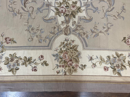 Aubusson Needlepoint Rug 9x12, VIntage Handmade Wool Beige Floral European Elegant Rug 9 x 12, Floral Roses