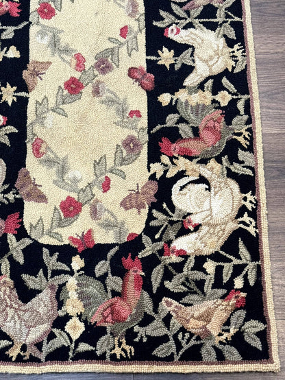 Small Vintage Hooked Rug, Roosters, Handmade, Wool