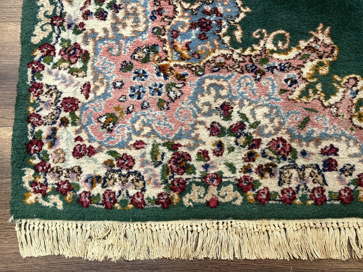 Persian Kerman Rug 4x6, Green Ivory Pink, Wool Vintage, Semi Open Field