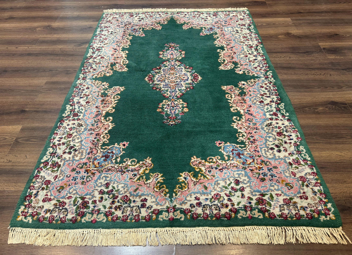 Persian Kerman Rug 4x6, Green Ivory Pink, Wool Vintage, Semi Open Field