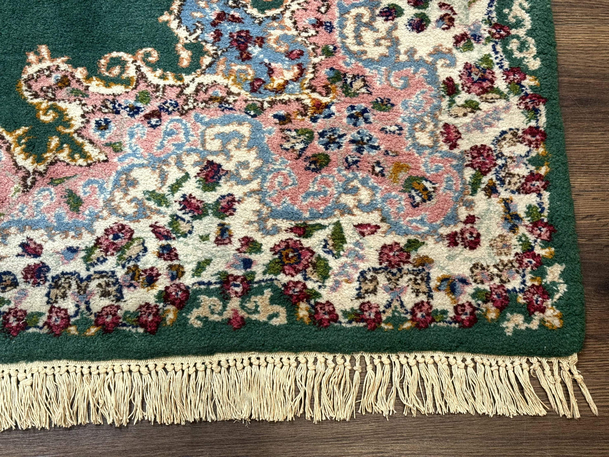 Persian Kerman Rug 4x6, Green Ivory Pink, Wool Vintage, Semi Open Field