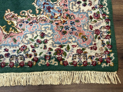 Persian Kerman Rug 4x6, Green Ivory Pink, Wool Vintage, Semi Open Field