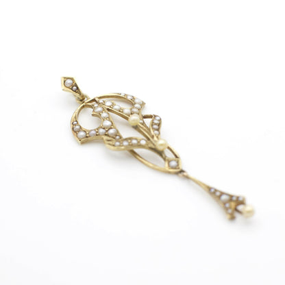 Antique Circa 1910 Art Nouveau Seed Pearl and 14K Solid Yellow Gold Lavalier Pendant (Pendant Only)