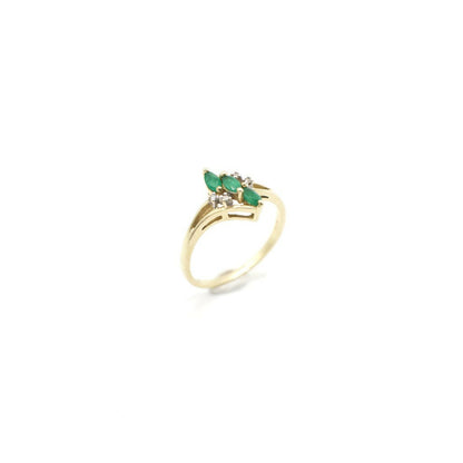 Estate Vintage Genuine Diamond and Emerald Bypass Shank Ring In 14K Plumb Yellow Gold