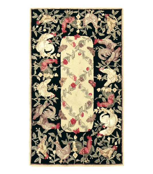 Small Vintage Hooked Rug, Roosters, Handmade, Wool