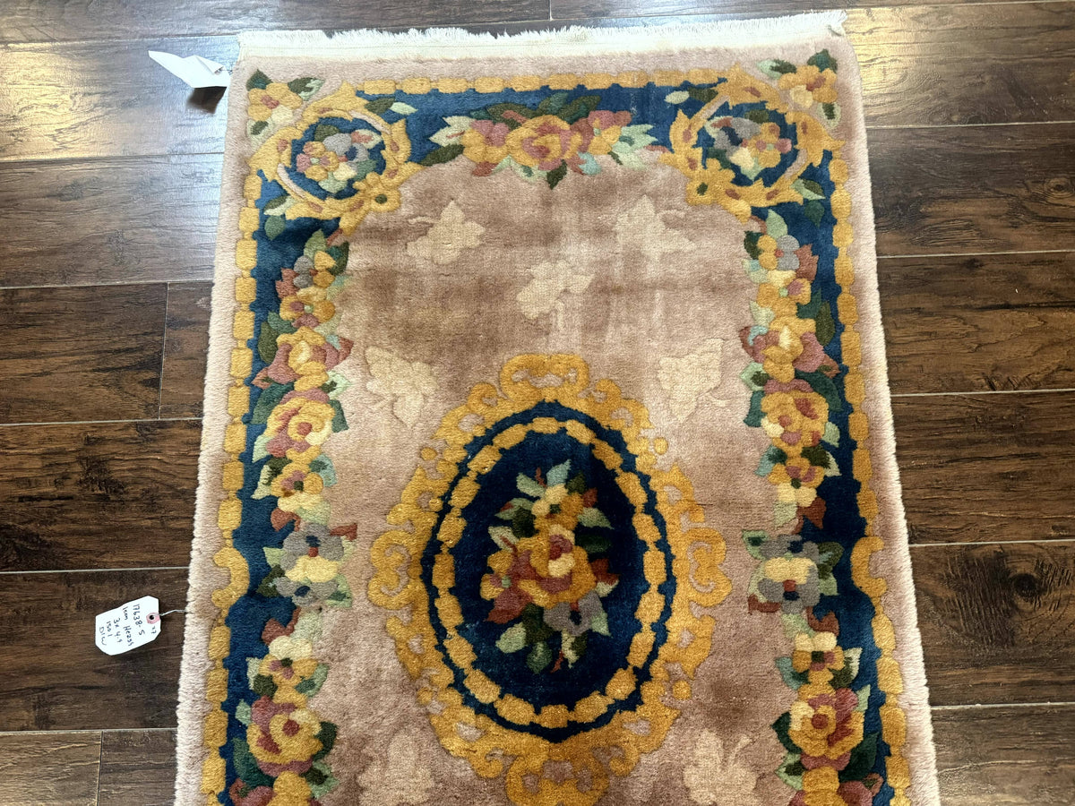Chinese Wool Rug 3x5, Vintage 90 Line Carpet, Small Art Deco Rug