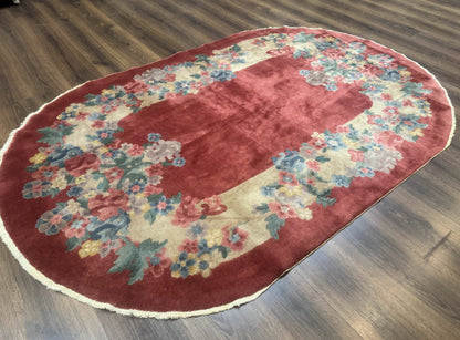 Oval Chinese Peking Rug 5x8, Pink, Floral, Vintage Chinese Wool Carpet