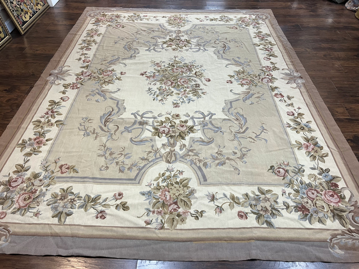 Aubusson Needlepoint Rug 9x12, VIntage Handmade Wool Beige Floral European Elegant Rug 9 x 12, Floral Roses