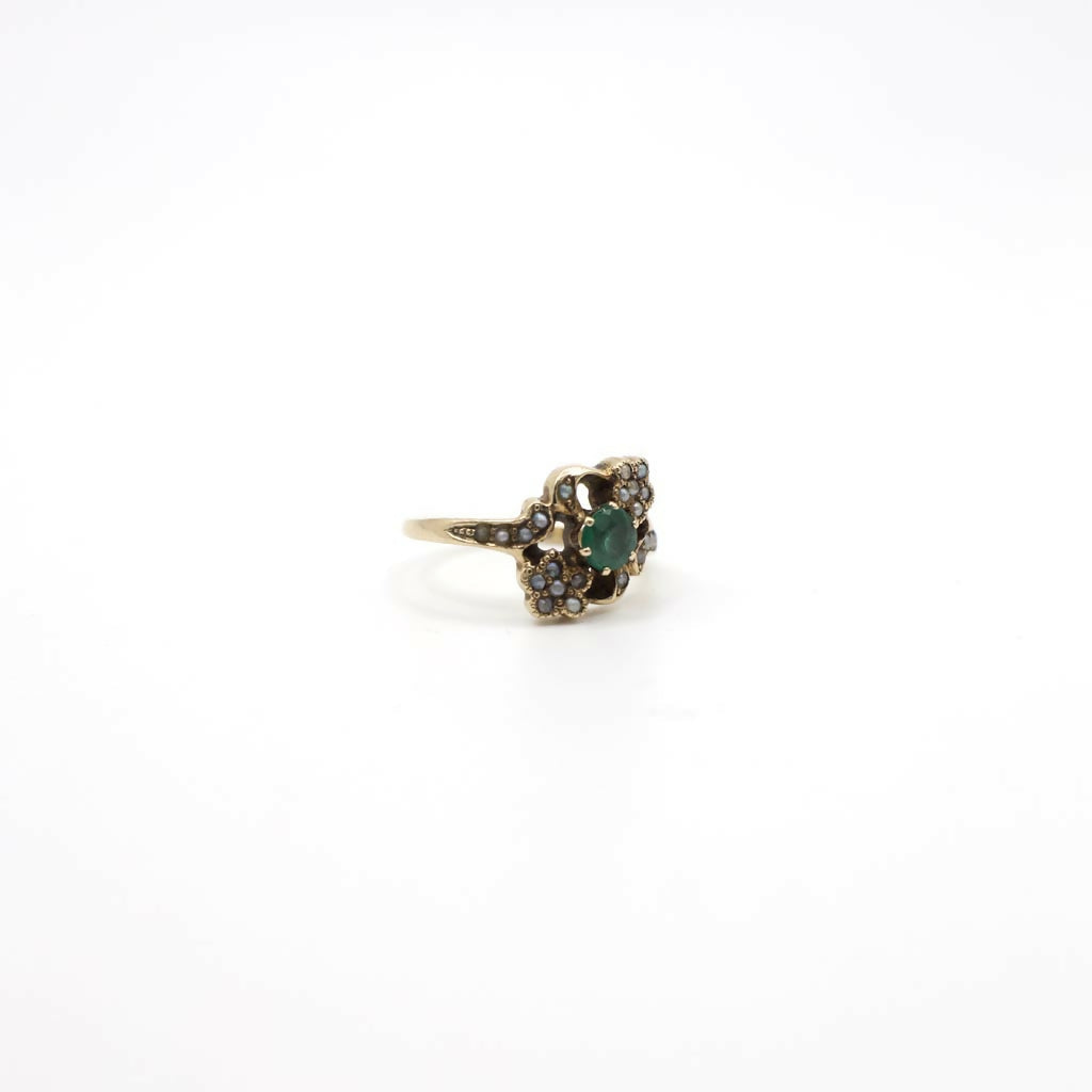 Vintage Victorian Style Genuine Emerald and Seed Pearl Ring In 10K Yellow Gold