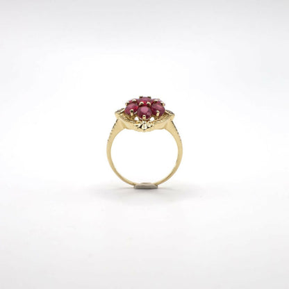 Genuine Ruby and White Topaz Cluster Ring in 14K Yellow Gold