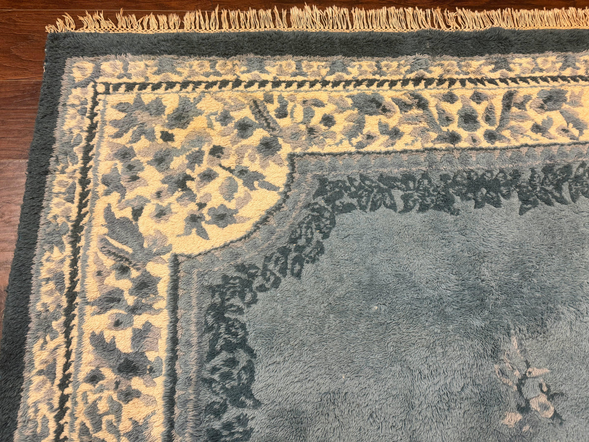 Indo Chinese Aubusson Rug 6x9, Light Blue and Ivory, Handmade Vintage Wool Carpet