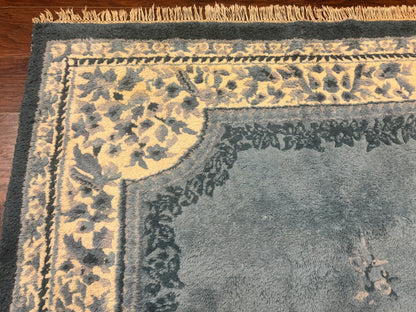 Indo Chinese Aubusson Rug 6x9, Light Blue and Ivory, Handmade Vintage Wool Carpet