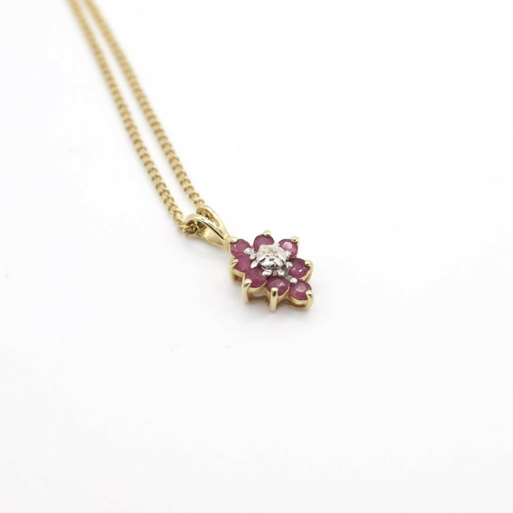 Vintage Genuine Diamond and Ruby Pendant Necklace In 14K Yellow Gold On Gold Filled Chain
