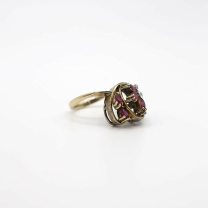 Vintage Genuine Diamond and Ruby Statement Ring In 14K Yellow Gold